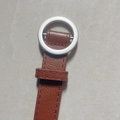Minimalist dark brown faux leather belt with round silver buckle and lychee texture - Round Buckle / Camel