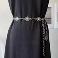 Retro bohemian metal waist chain with turquoise stones over a black slim dress - Rhombus Silver