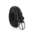 Detail of black braided rope belt with silver metallic pin buckle and leather patch - 105cm / Black