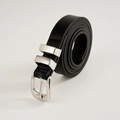 Detailed macro view of black faux leather belt with vintage silver metallic buckle and loops - Black