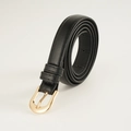 Detailed view of black slim leather belt with polished gold pin buckle and fine texture - 105cm / Black