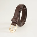 Detail view of a slim dark brown leather belt with a polished gold buckle in a retro style - 105cm / Coffee