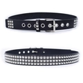 Unisex black punk leather belt featuring three rows of square silver pyramid studs - 105cm / Black