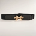 Women's 4cm black elastic waist belt with elegant gold butterfly metal buckle - Black