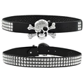 Punk hip hop black belt with triple square studs and rhinestone skull crossbone buckle - 105cm / Skull Rhinestone Buckle