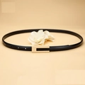 Slim black leather belt for women with a rectangular polished gold metal buckle - Black / 95cm