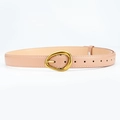 Detail of light brown leather belt with gold irregular buckle and fine stitching - 105cm / Khaki