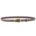 Detail of slim dark brown leather belt featuring a vintage oval gold metal buckle - Coffee