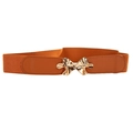 Brown elastic waist belt for women with a decorative golden leaf-shaped metal buckle - Brown
