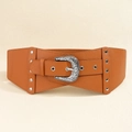 Detail of caramel wide elastic waist belt featuring a vintage silver floral buckle and studs - Brown