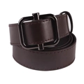 Men's dark brown leather belt with vintage dark chrome square buckle in a curled display - Coffee