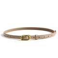 Minimalist slim khaki leather belt with a golden oval metal buckle for women's dresses - Khaki