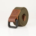 Army green canvas belt with black metal double D-rings and brown leather end tip - Army Green