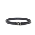 Detail of slim black PU leather belt featuring dual oval silver metal buckle and stitching - Black-Silver Buckle