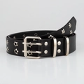 Detail of black punk leather belt featuring star-shaped silver eyelets and double pin buckle - 3.4x110cm / Black