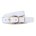 Detailed macro view of white leather belt with polished gold oval buckle and texture - White