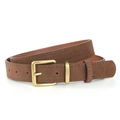 Détail d'une ceinture en daim marron foncé avec boucle carrée dorée brossée - Caramel-Boucle Dorée
