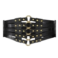 Détail d'une ceinture corset noire en cuir crocodile avec anneaux et rivets dorés - Noir + Accessoires Dorés
