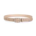 Dettaglio di cintura in pelle scamosciata beige con fibbia quadrata argentata - 105cm x 2.8cm / Kaki