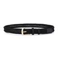 Close-up of black woven belt with polished gold alloy buckle and leather details - Black