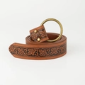 Detail of vintage brown leather belt with embossed maple leaf patterns and brass buckle - Maple Leaf Embossed Style / Brown