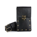 Detail view of steampunk black leather waist bag with vintage bronze rivets and belt - Style 1 - Vertical Bag / Black