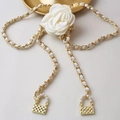 Elegant gold metal woven waist chain with white fabric camellia and mini bag charms - White Camellia Chain