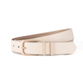 Detail of cream leather belt showing the gold pin buckle and double metal rings - Beige