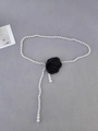 Elegant pearl waist chain featuring a black fabric camellia flower in a vintage Y-shaped design - Camellia Pearl Black Flower