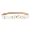 Elegante cintura sottile in pelle bianca da donna con fibbia a fiore di prugna dorata - Bianco