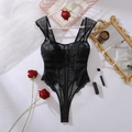 Flat lay of black lace bodysuit with floral mesh details and elegant lifestyle props - S / Black