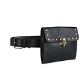 Detail view of steampunk black leather waist bag with gold rivets and vintage hook closure - Style 2 - Horizontal Bag / Black