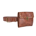 Close-up of vintage steampunk brown leather waist bag with bronze rivets and hook buckle - Style 2 - Horizontal Bag / Brown