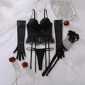 Flat lay of black mesh lingerie set with bow details and long sheer gloves on white silk - S / Black