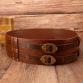 Medieval Viking wide brown leather belt with Celtic embossed patterns and double buckles - Wide Waist Belt / Brown