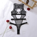 Body de rejilla negra con cuello halter, cremallera de anillo y detalles de aberturas - S / Negro