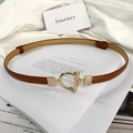 Slim tan leather waist belt for women with elegant golden round OT metal buckle - Brown (OT Buckle)