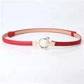 Slim red leather belt for women featuring a minimalist golden metal OT buckle closure - Red (OT Buckle)