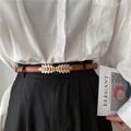Brown slim PU leather waist belt for women with golden leaf-shaped metal buckle design - Brown With Leaf Buckle