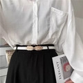 Elegant white leather skinny belt for women with golden leaf-shaped metal buckle design - White (Leaf Buckle)