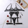 Set lingerie in pizzo nero trasparente con ricamo floreale e dettagli reggicalze - S / Nero
