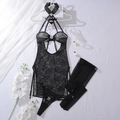 Ensemble lingerie 3 pièces en dentelle noire avec dos nu et bas assortis - S / Noir