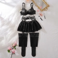 Detail of black lace lingerie set with satin bra, garter skirt and matching stockings - S / Black