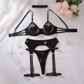 Flachbild von schwarzem Netz-Dessous-Set mit glitzernden Herzen und Strapsen-Details - S / Schwarz