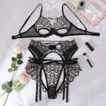 Dreiteiliges schwarzes Spitzen-Dessous-Set mit Stickerei und verstellbaren Trägern - S / Schwarz Beige