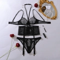 Flachbild von schwarzem Wimpernspitzen-Lingerie-Set mit Strumpfhaltern und Dekor - S / Schwarz