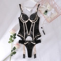 Set di lingerie in pizzo floreale con reggicalze e accessori in perle in vista piana - S / Nero Beige