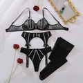 Detail of black lace lingerie set with silver glitter straps and decorative bows - S / Black