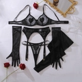 Black mesh lingerie set with PU leather heart details and long mesh gloves - S / Black