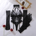 Detalle de lencería de malla negra con hebillas doradas y detalles de encaje elegante - S / Negro